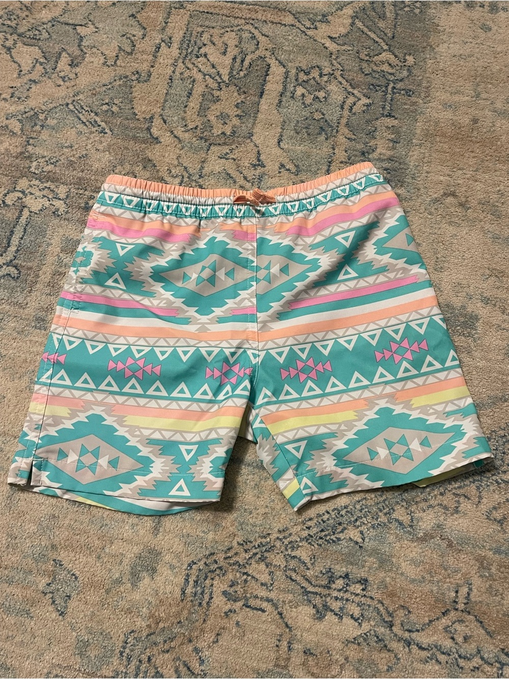 chubbies Kids Swim Trunks in Aqua, Pink & Peach Aztec Stripe